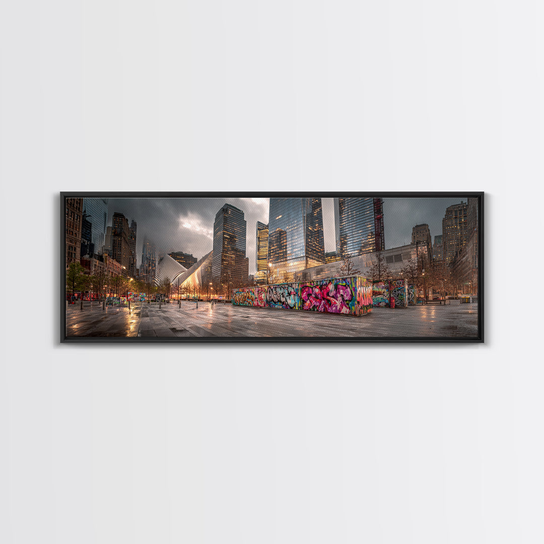 Vibrant Urban Landscape With Graffiti Walls And Reflective Wet Pavement - Modern Wall Art Canvas Print For Loft And City Apartment Decor