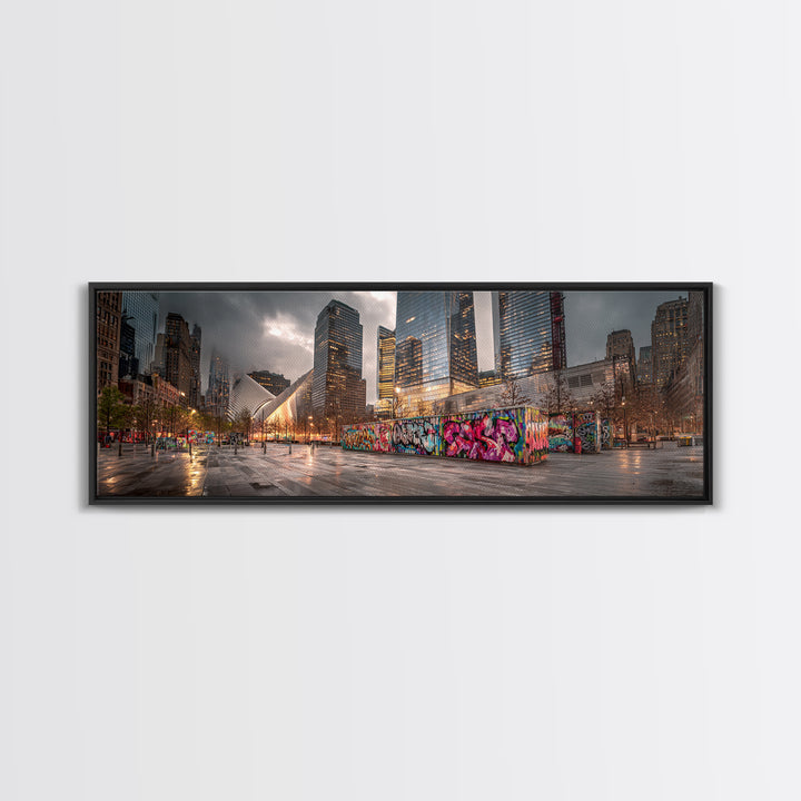 Vibrant Urban Landscape With Graffiti Walls And Reflective Wet Pavement - Modern Wall Art Canvas Print For Loft And City Apartment Decor