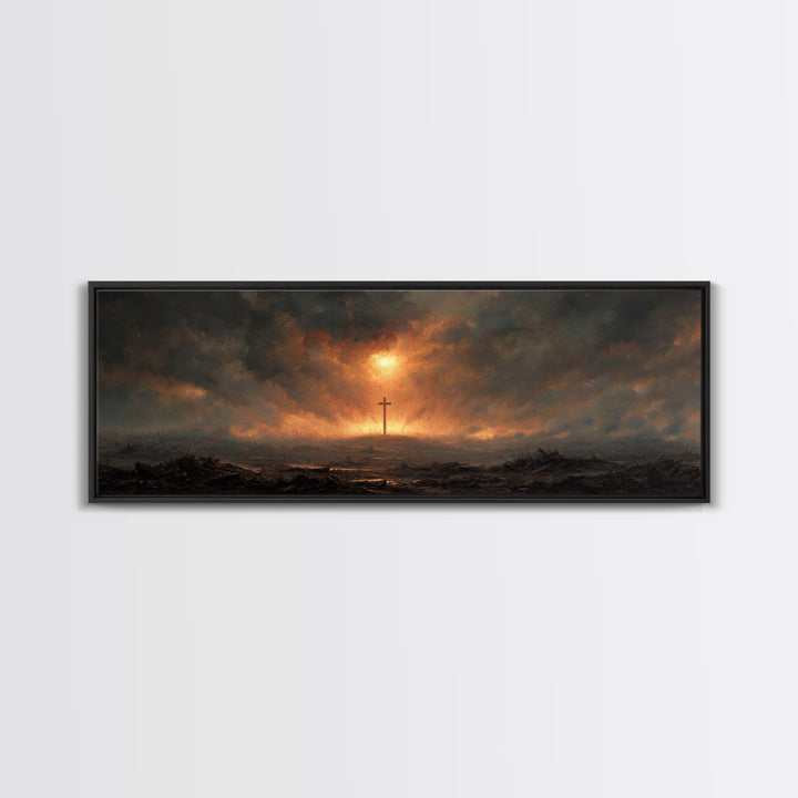 Dramatic Religious Cross Scene In Fiery Sunset Sky Oil Painting Canvas Print For Moody Wall Art And Christian Home Decor