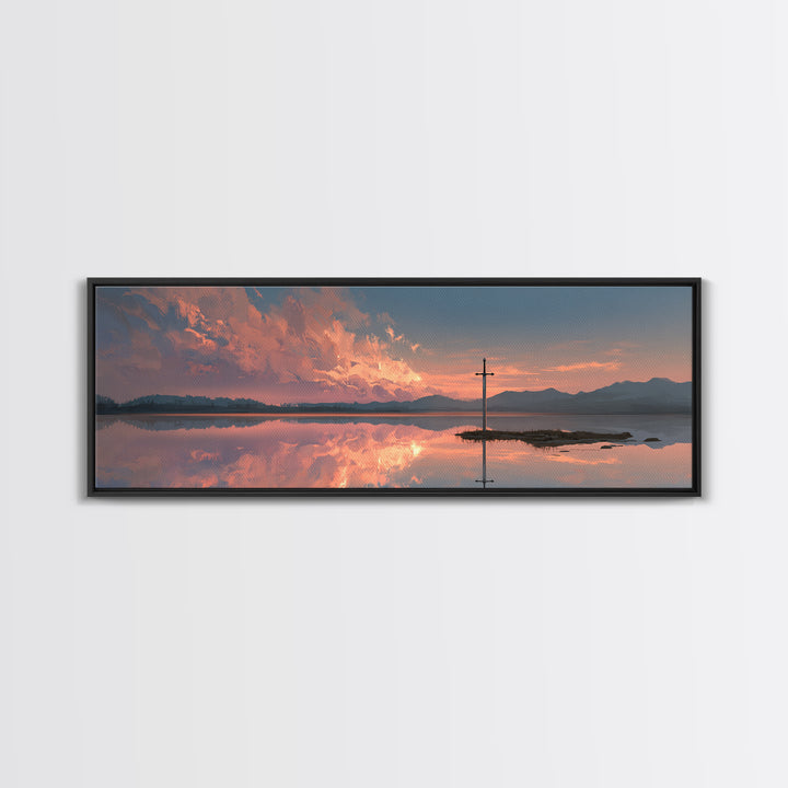 Peaceful Sword In Lake At Sunset Landscape Painting Wall Art Framed Canvas Print Tranquil Nature Scene For Bedroom Or Living Room Neutral Decor