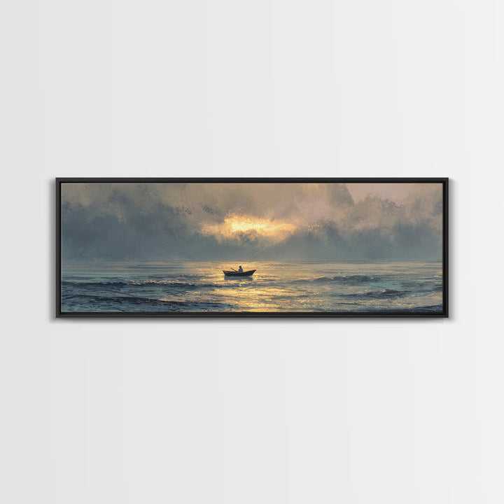 Contemplative Boat At Sea Sunrise Tranquil Ocean Scene Watercolor Style Wall Art Canvas Print Beach Decor