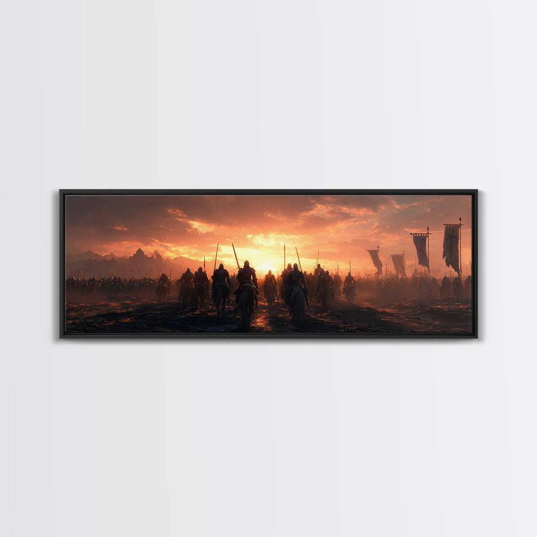Epic Medieval Battle Scene At Sunset With Armored Knights And Banners Wall Art Framed Canvas Print For Home Decor
