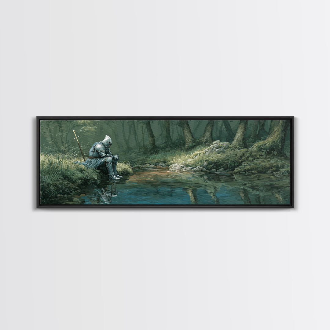 Reflective Knight In Armor Sitting Near Stream Fantasy Wall Art Canvas Print For Living Room Decor