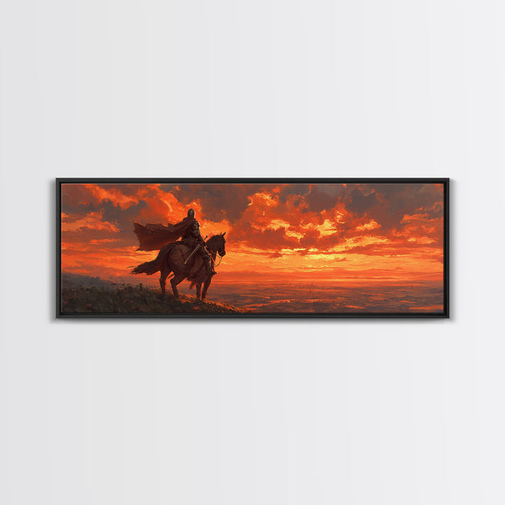 Knight In Armor On Horseback At Dusk Dramatic Sunset Canvas Print With Fiery Sky And Epic Medieval Scene Wall Art For Living Room Decor