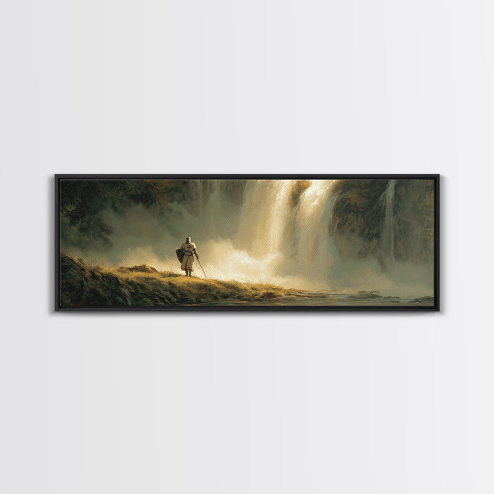 Medieval Knight Standing Near Waterfall Landscape Oil Painting Wall Art Canvas Print For Home Decor