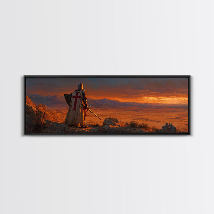 Medieval Knight Standing on Cliff Overlooking Sunset Dramatic Figurative Wall Art Oil Painting Canvas Print for Rustic Home Decor