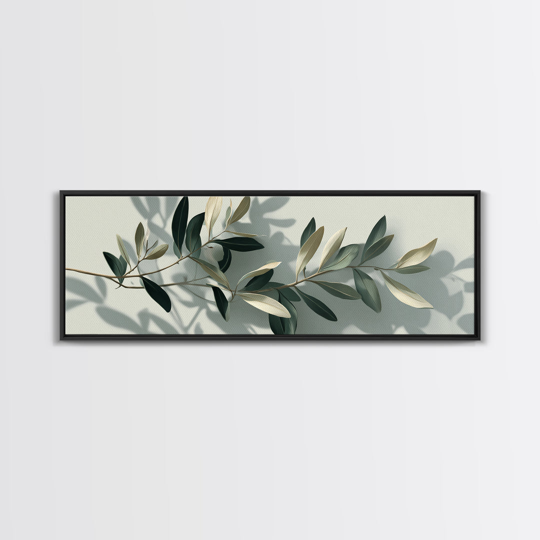 Olive Branch With Soft Shadows Wall Art, Minimalist Botanical Art Print, Sage Green Wall Decor, Modern Japandi Canvas Print