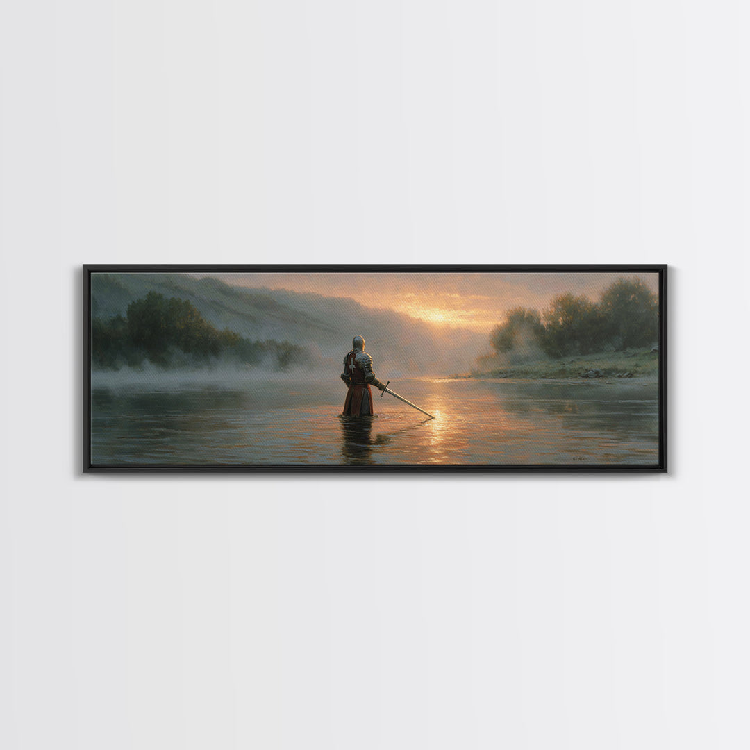 Knight Standing In Misty River At Sunrise With Sword Large Wall Art For Medieval Art Lovers