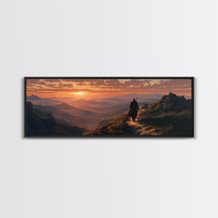 Medieval Knight Walking On Mountain Path At Sunset Dramatic Landscape Wall Art Framed Canvas Print For Fantasy Room Decor And Gifts