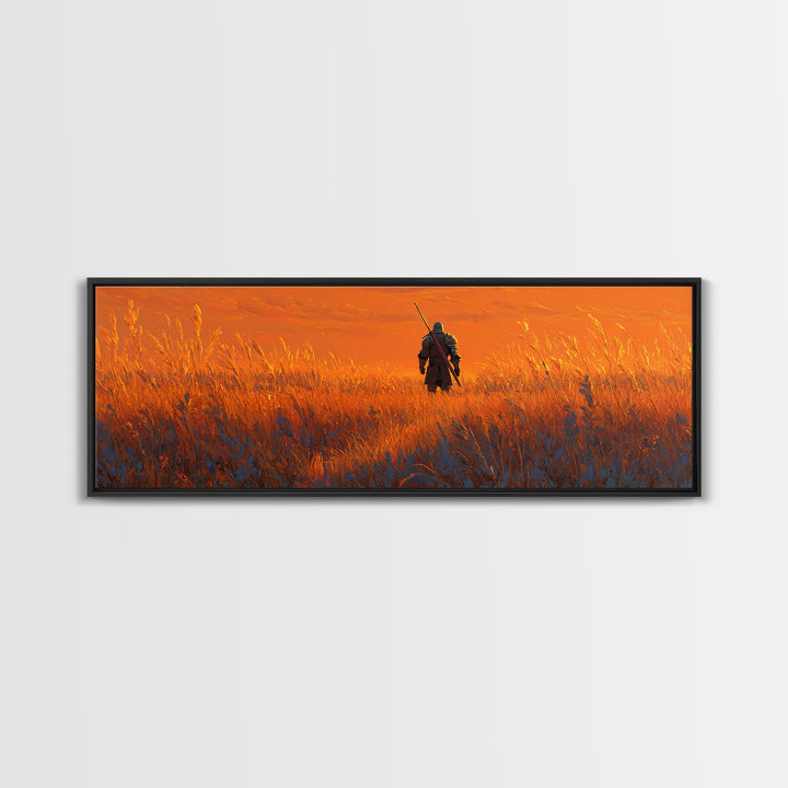Epic Warrior Standing in Fiery Field Fantasy Painting Wall Art Framed Canvas Print with Dramatic Sky for Home and Office Decor