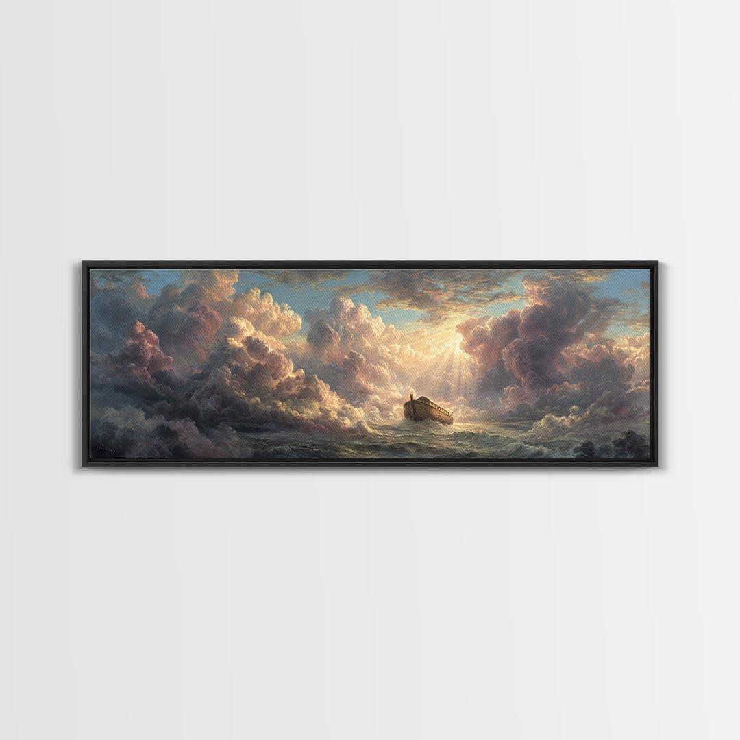 Epic Noah's Ark Floating On Stormy Sea With Divine Light Breaking Through Clouds Canvas Print