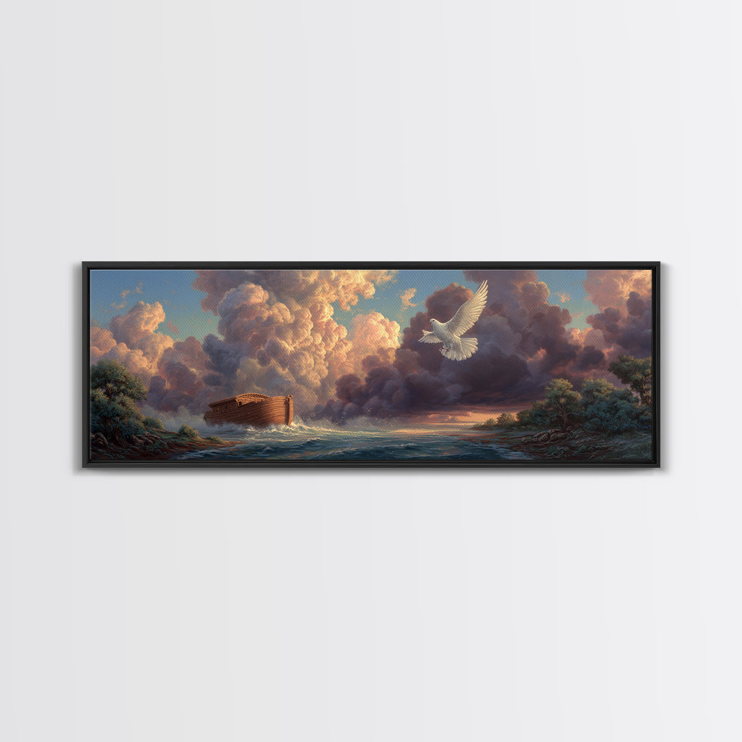 Serene Noahs Ark Ocean Landscape With Dove And Dramatic Sky Inspirational Wall Art Framed Canvas Print