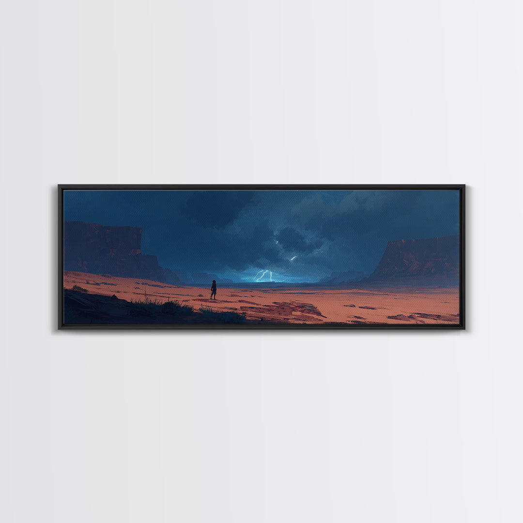 Moody Desert Landscape Lightning Storm Digital Painting Dramatic Wall Art Framed Canvas Print Modern Home Decor