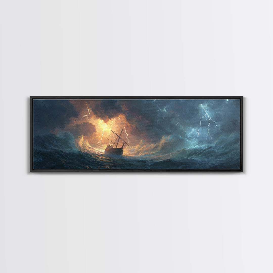 Stormy Ocean Ship In Lightning And Waves Painting Dramatic Seascape Wall Art Framed Canvas Print Perfect For Coastal Living Room Or Nautical Office Decor