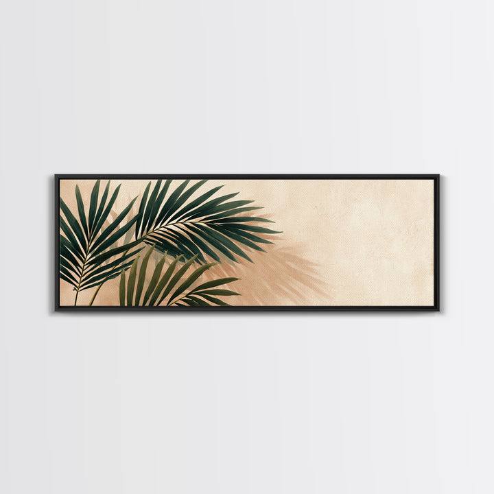 Tropical Palm Leaf Shadows Wall Art, Minimal Botanical Canvas Print, Coastal Boho Home Decor, Neutral Beige Living Room Art