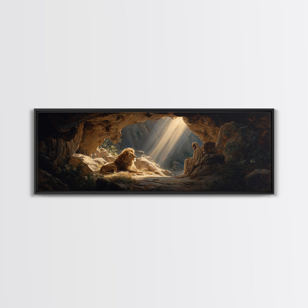 Sunlit Cave Scene With Lion And Sage Figure Painting Wall Art Framed Canvas Print For Mystical Home Decor