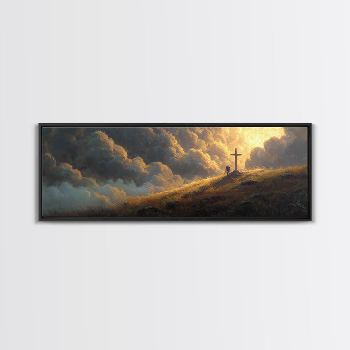 Mystical Knight Near Giant Cross Under Dramatic Sunset Clouds Fantasy Wall Art Canvas Print For Romantic And Spiritual Home Decor