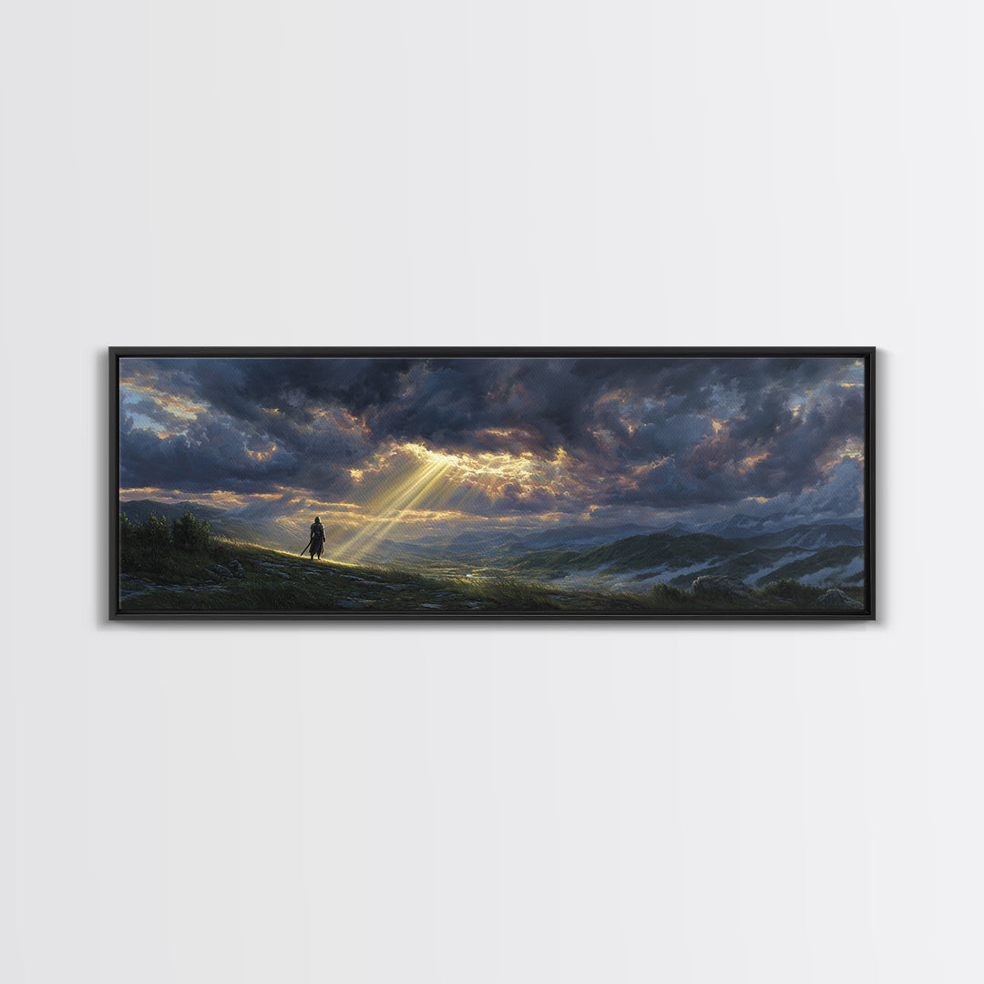 Sunlight Breaking Through Stormy Clouds Over Knight In Vast Landscape Canvas Print Large Wall Art For Moody Home Decor