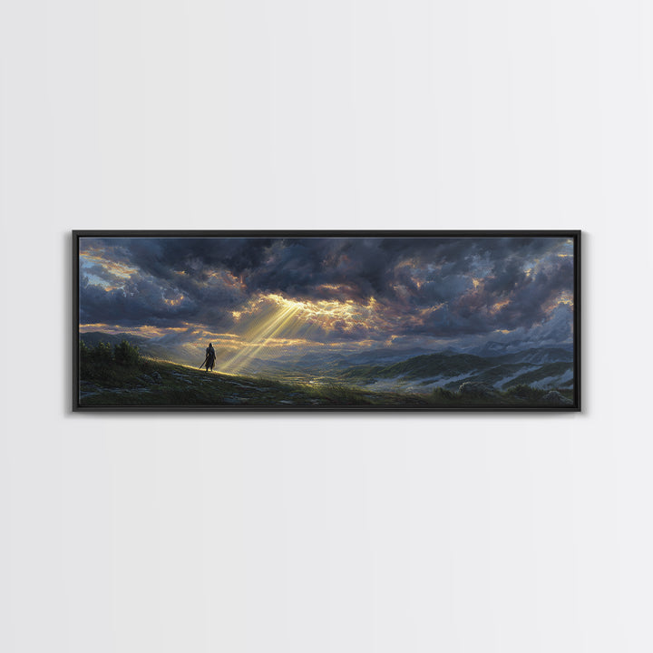Sunlight Breaking Through Stormy Clouds Over Knight In Vast Landscape Canvas Print Large Wall Art For Moody Home Decor