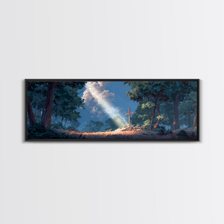 Sun Beam Lighting Cross On Hill With Forest Background Moody Religious Wall Art Canvas Print