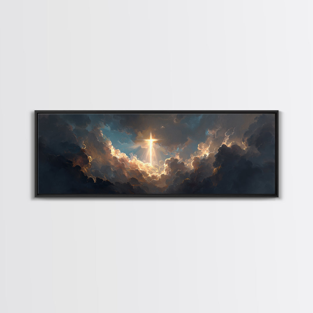 Majestic Gleaming Cross In Clouds Spiritual Religious Wall Art Framed Canvas Print Inspirational Home Decor