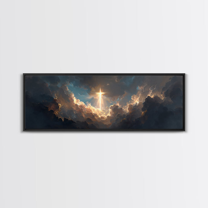 Majestic Gleaming Cross In Clouds Spiritual Religious Wall Art Framed Canvas Print Inspirational Home Decor