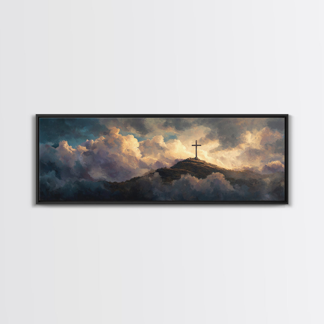 Solitary Cross Atop Mountain Amid Heavenly Clouds Wall Art Large Canvas Print Inspirational Christian Home Decor