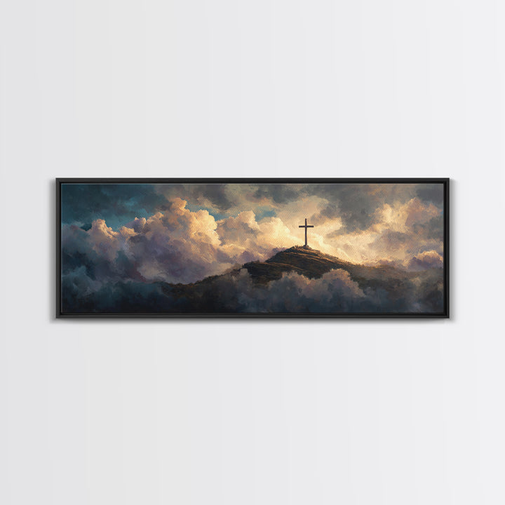 Solitary Cross Atop Mountain Amid Heavenly Clouds Wall Art Large Canvas Print Inspirational Christian Home Decor