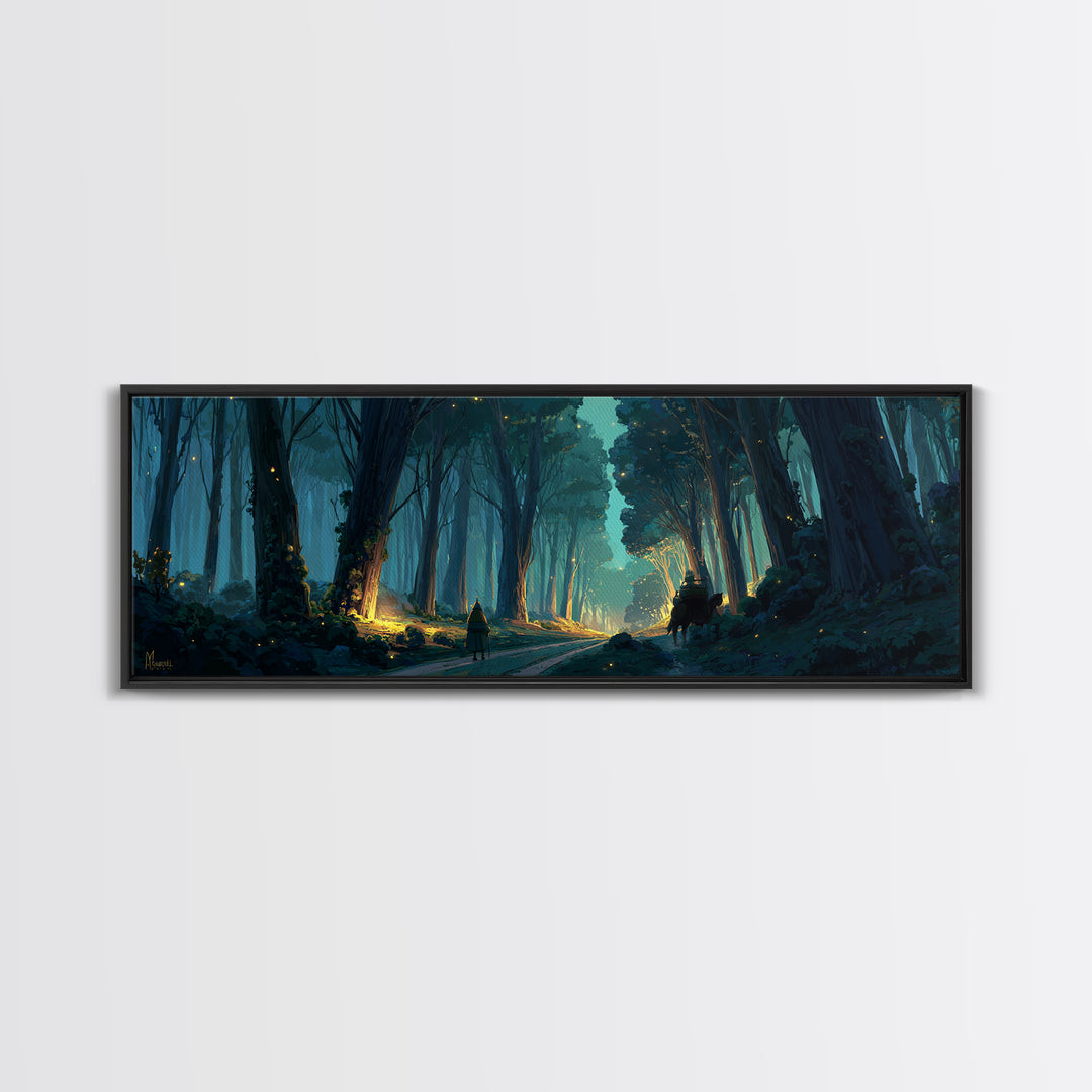 Mystical Enchanted Forest Pathway With Lanterns And Traveler Walking Horse Canvas Print