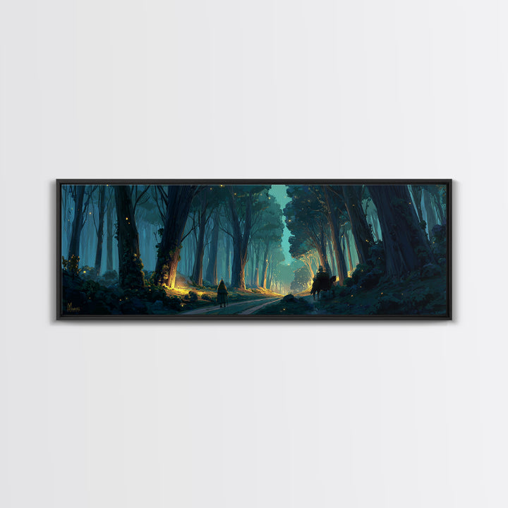 Mystical Enchanted Forest Pathway With Lanterns And Traveler Walking Horse Canvas Print