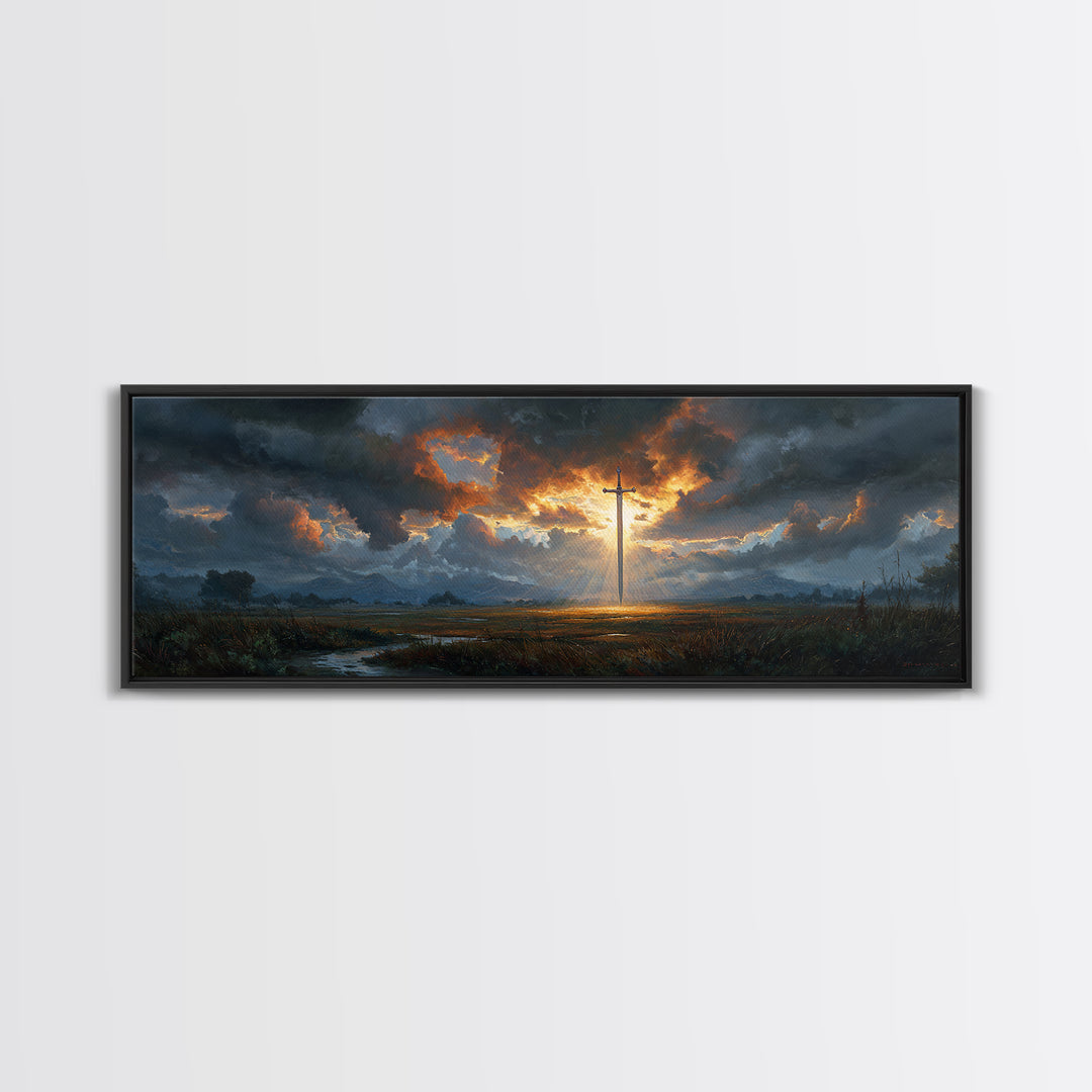 Dramatic Sword Light Rays Landscape Oil Painting Wall Art Framed Canvas Print with Realistic Fantasy Scene for Home and Office