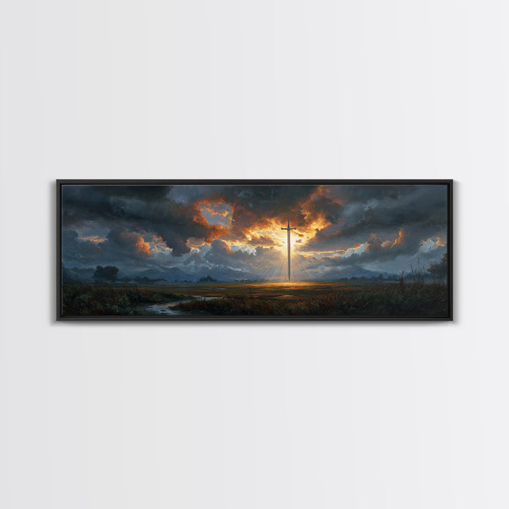 Dramatic Sword Light Rays Landscape Oil Painting Wall Art Framed Canvas Print with Realistic Fantasy Scene for Home and Office