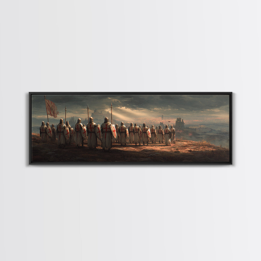 Medieval Knights With Cross Shields In Battlefield At Dusk Wall Art Framed Canvas Print For Living Room Decor