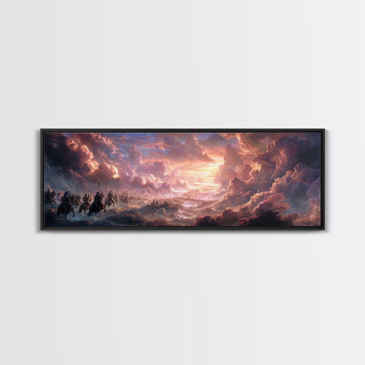 Epic Fantasy Army Charging Through Dramatic Clouds At Sunset Colorful Landscape Wall Art Framed Canvas Print