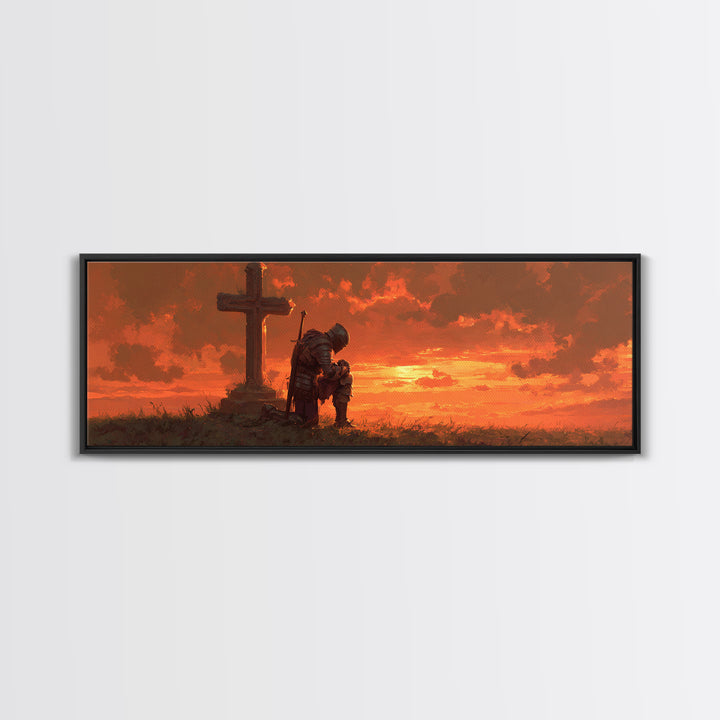 Knight In Armor Kneeling At Cross Dramatic Sunset Religious Framed Canvas Print Wall Art For Home