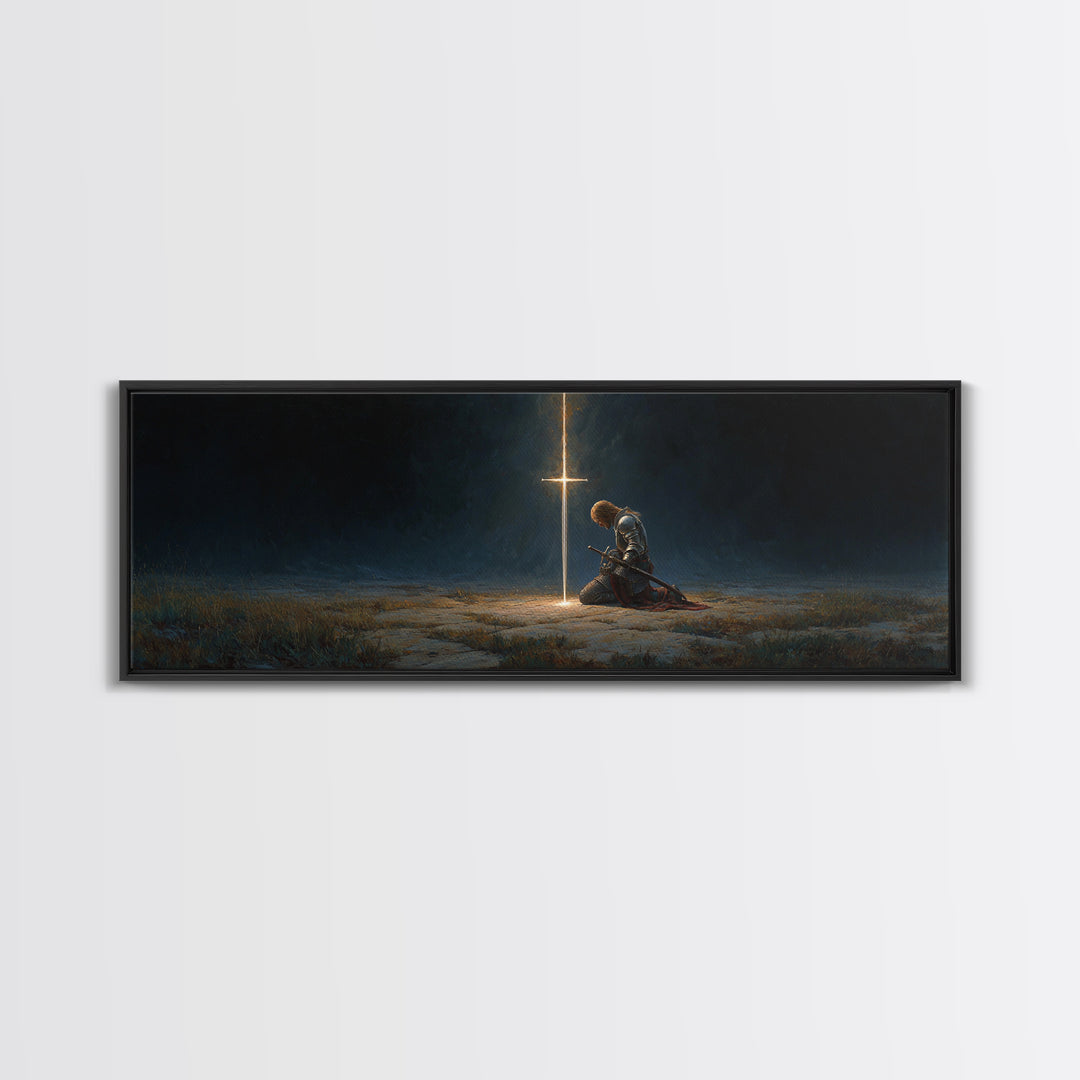 Medieval Knight Kneeling In Prayer Before Glowing Cross Fantasy Wall Art Framed Canvas Print Historic Decor