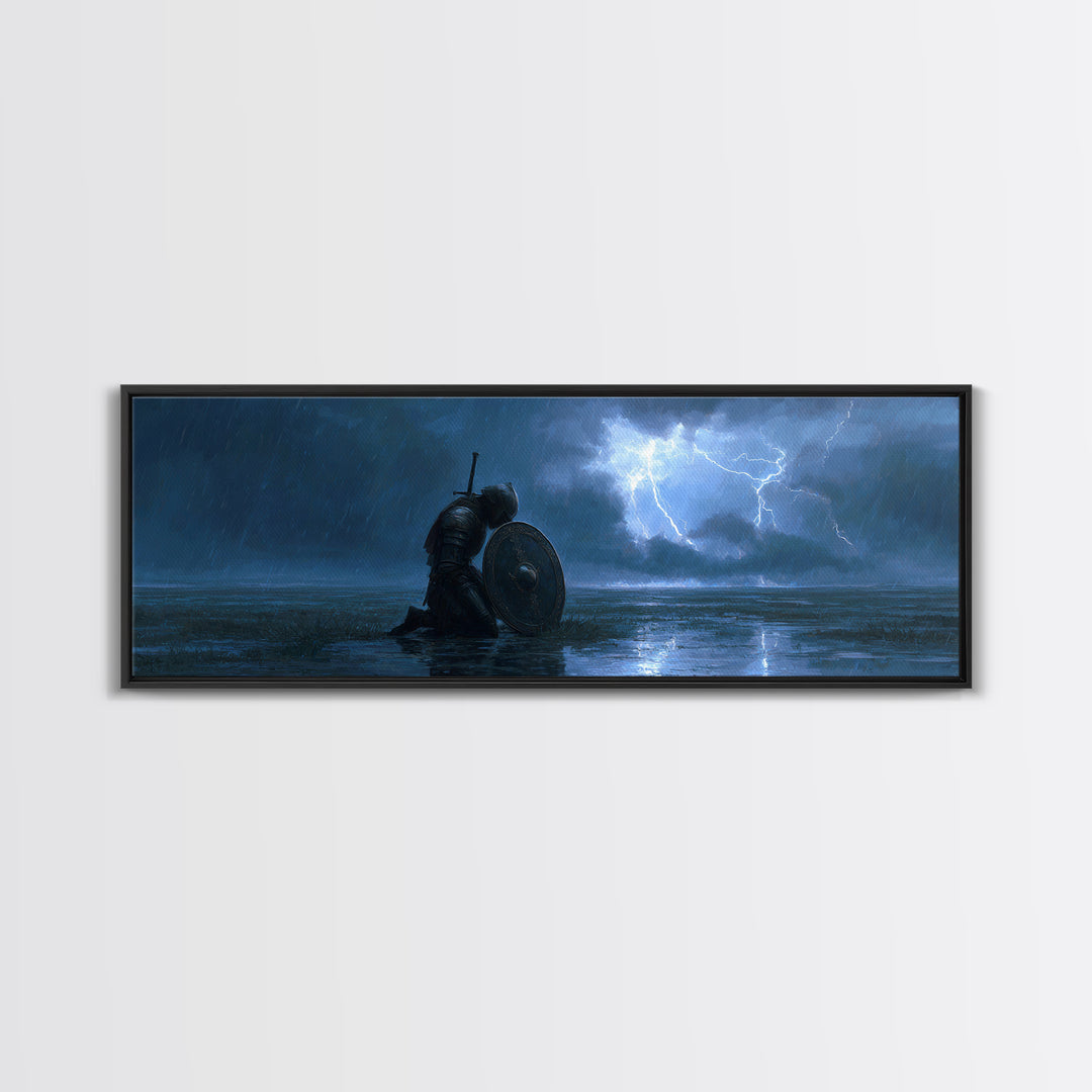 Medieval Knight Kneeling In Rain With Shield Lighting Stormy Sky - Canvas Print, Wall Art For Living Room, Office Decor, Gift For Him