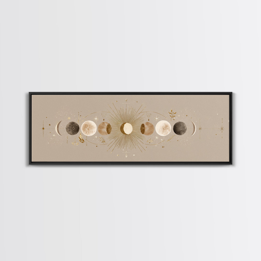 Moon Phases Celestial Wall Art, Gold Sun And Lunar Canvas Print, Neutral Boho Bedroom Decor, Mystical Above Bed Art Print