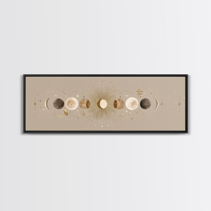 Moon Phases Celestial Wall Art, Gold Sun And Lunar Canvas Print, Neutral Boho Bedroom Decor, Mystical Above Bed Art Print