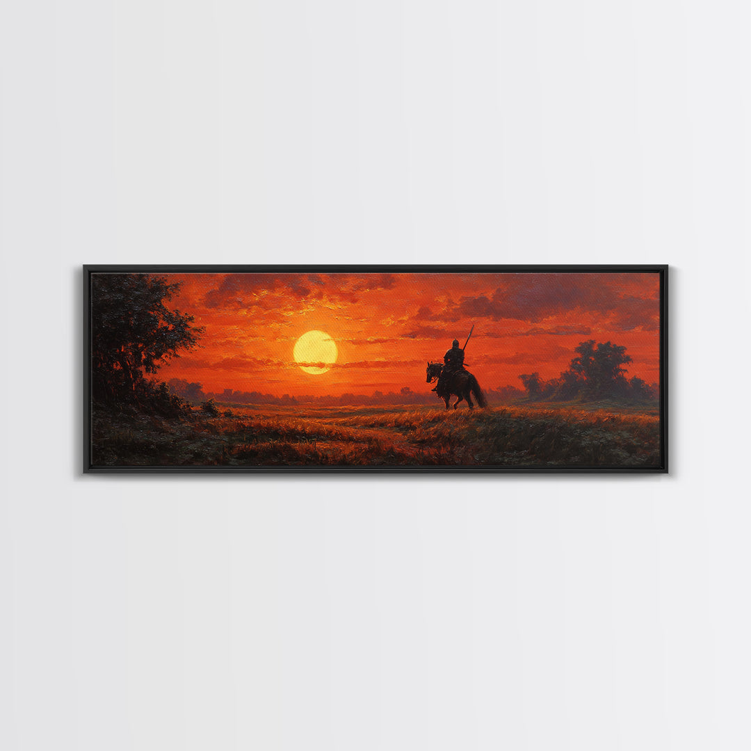Sunset Scene Painting Of Knight On Horseback In Golden Field Stunning Orange Sky Wall Art