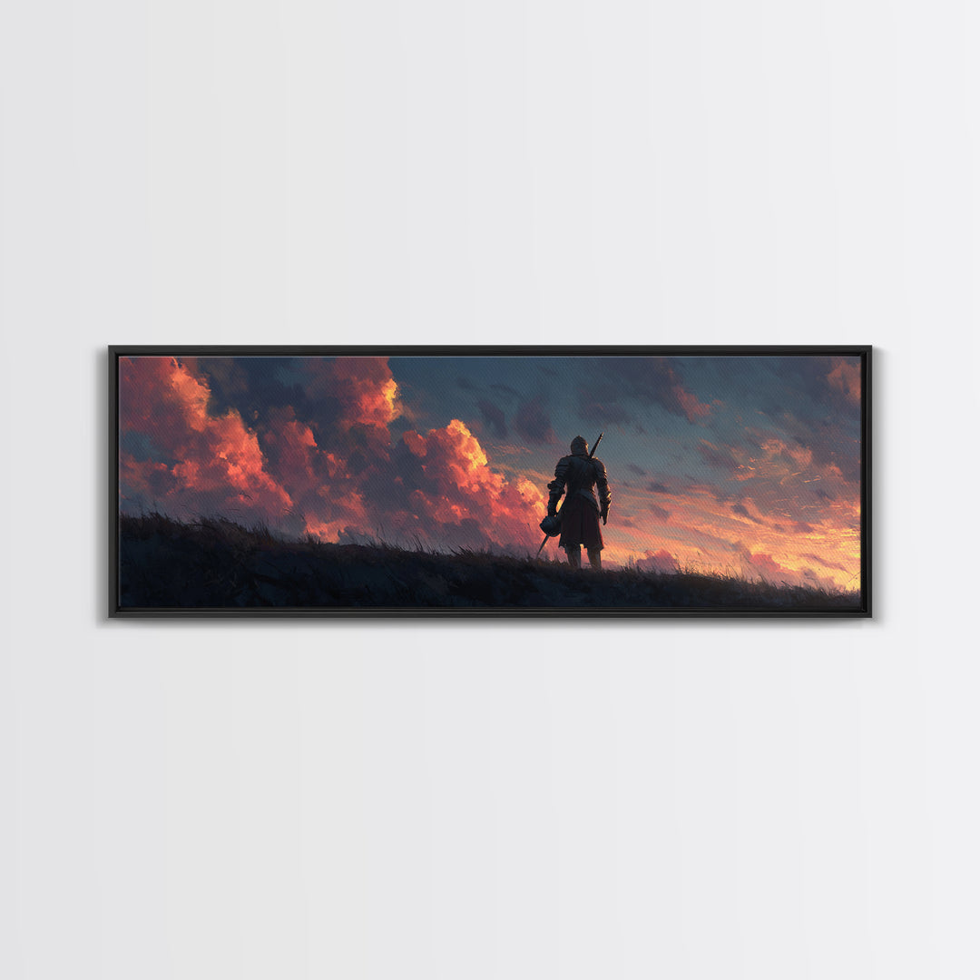 Medieval Knight Standing Against Dramatic Sunset Sky - Inspirational Wall Art Canvas Print For Bedroom And Office Decor