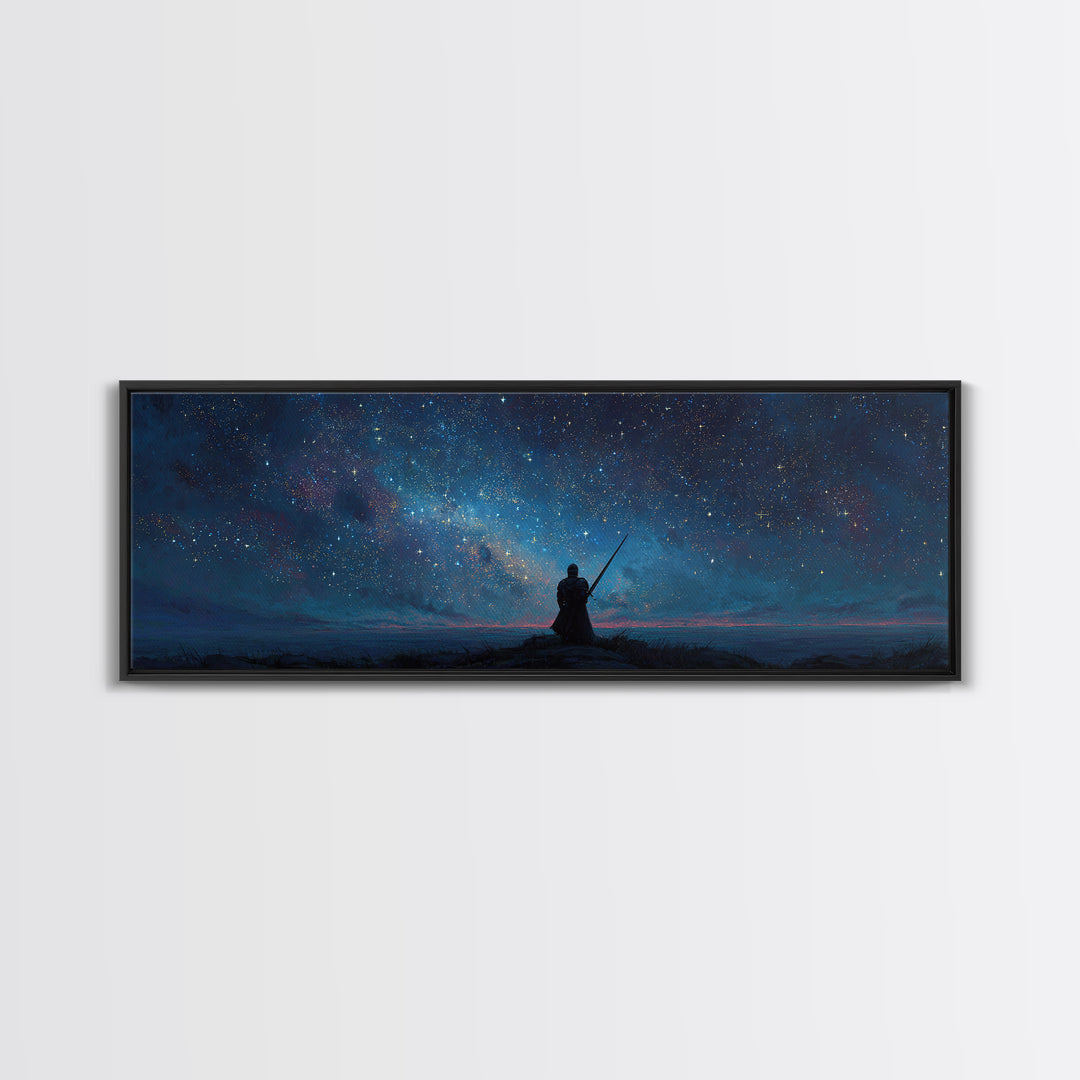 Magical Knight In Armor Under Starry Sky Night Landscape Wall Art Framed Canvas Print For Fantasy Decor