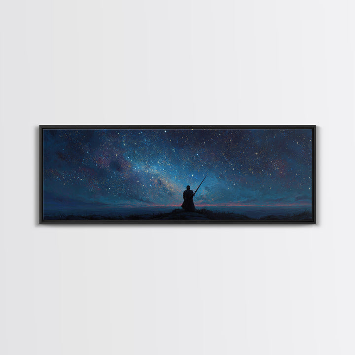 Magical Knight In Armor Under Starry Sky Night Landscape Wall Art Framed Canvas Print For Fantasy Decor