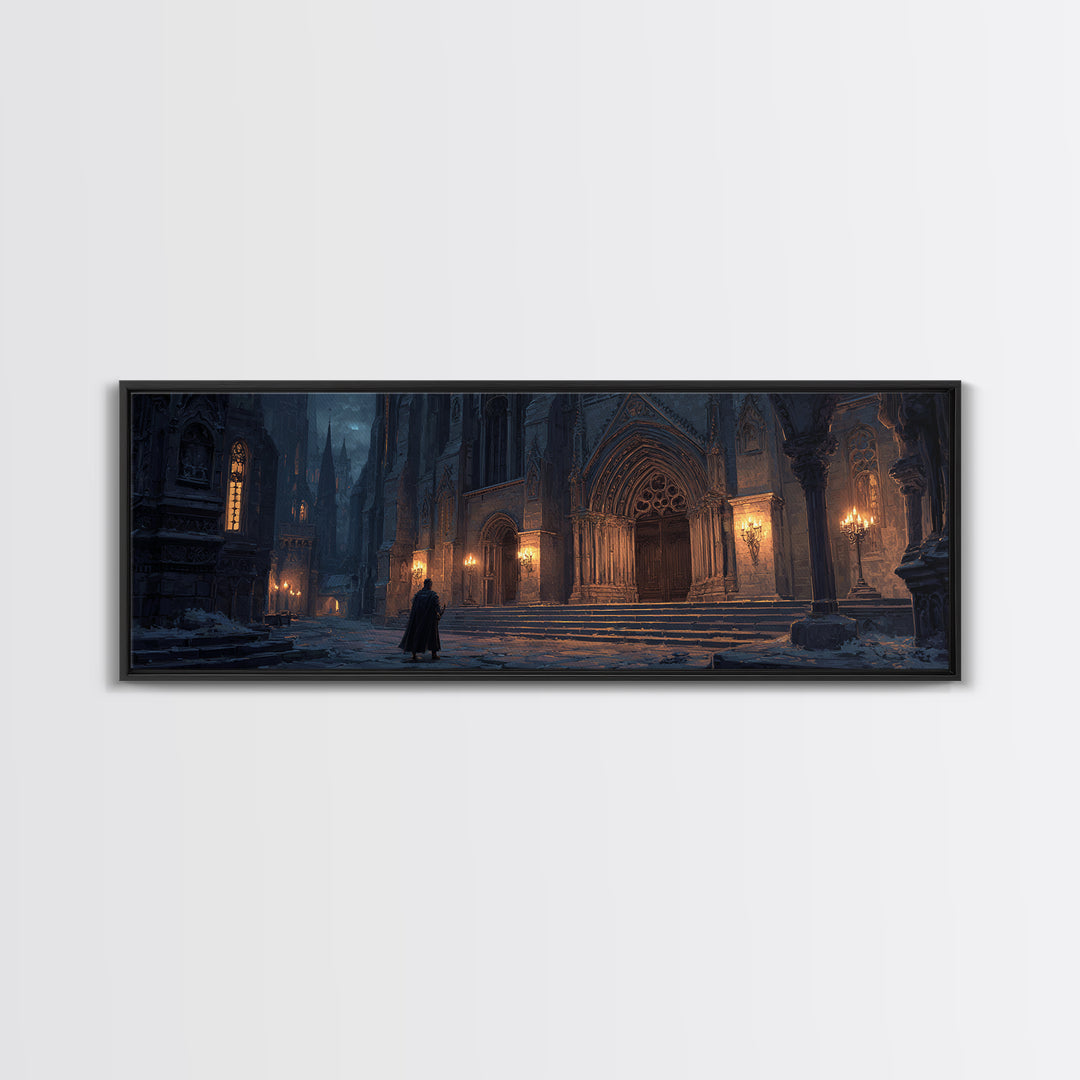 Dark Gothic Cathedral In Snow Framed Canvas Print, Moody Wall Art, Medieval Architecture Decor, Fantasy Cityscape Art Print