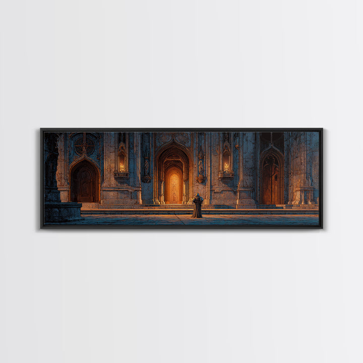 Medieval Knight Standing Before Illuminated Gothic Cathedral Entrance Wall Art Framed Canvas Print