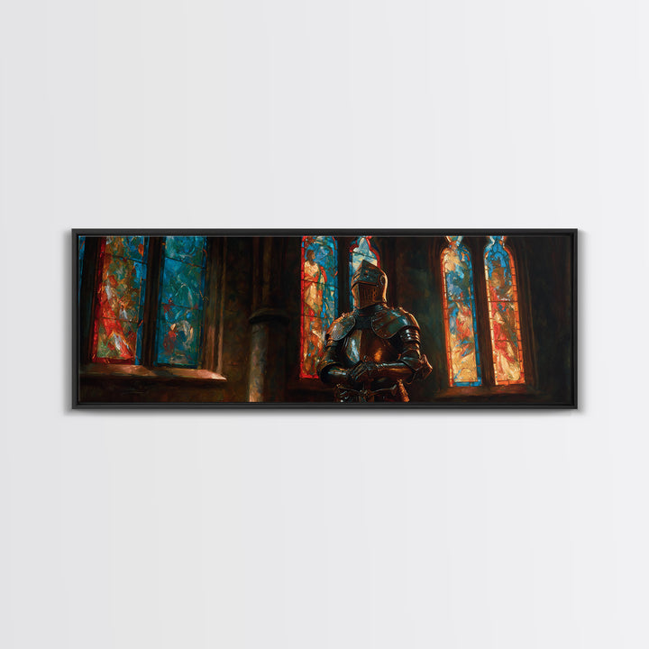 Praying Knight In Gleaming Armor Amid Stained Glass Windows Framed Canvas Print Medieval Religious Wall Art