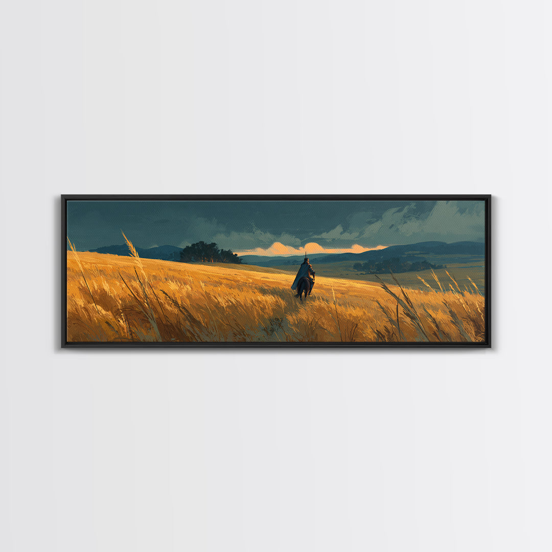 Solitary Knight Riding Through A Vast Golden Wheat Field At Sunset Landscape Canvas Print For Rustic Home Decor