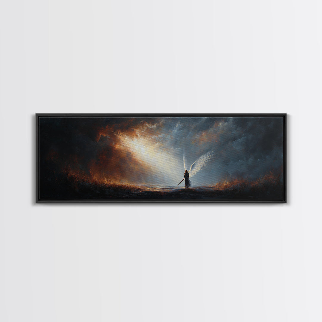 Vibrant Sunset Over Battlefield With Knight and Fallen Warriors Canvas Print Dramatic Medieval Wall Art For Home and Office Decor