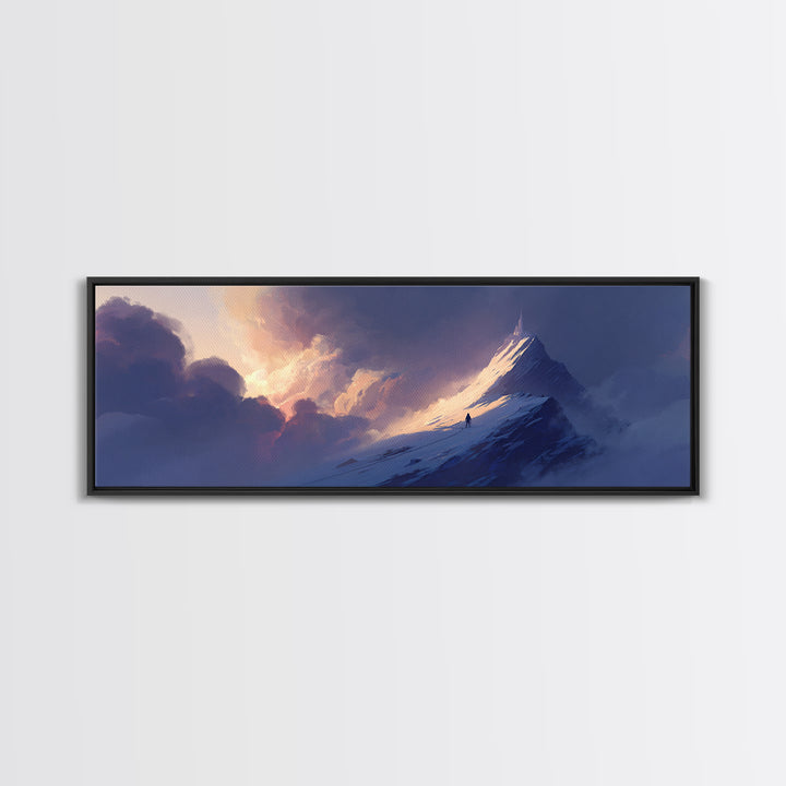 Epic Mountain Summit Climber Under Dramatic Sky Digital Painting Wall Art Framed Canvas Print For Adventure Home Decor