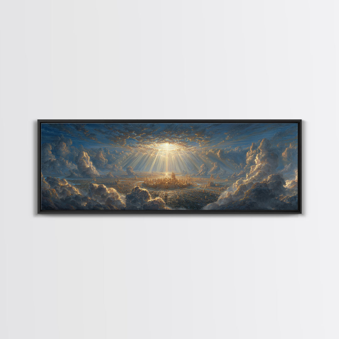 Sunlit Fantasy City Amidst Dramatic Clouds Wall Art Framed Canvas Print For Modern Home Decor And Fantasy Art Collectors Gift